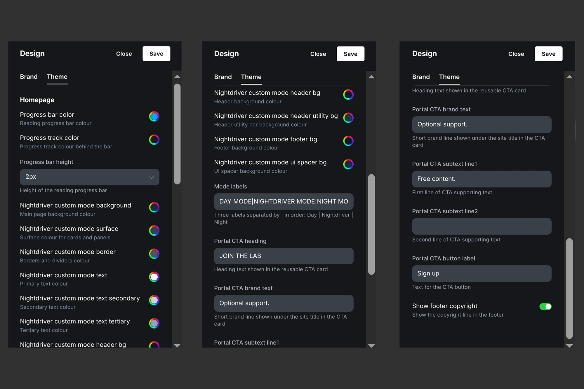 Nightdriver customization panel in Ghost Admin—all 20 settings used. You can even change the mode labels. Screenshot: Jay J. Reszka